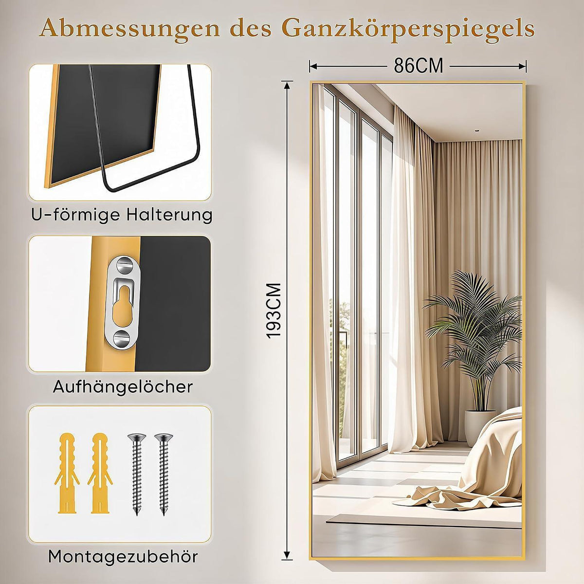 Ganzkörperspiegel Standspiegel 193x86cm, Gold, Modernes Design