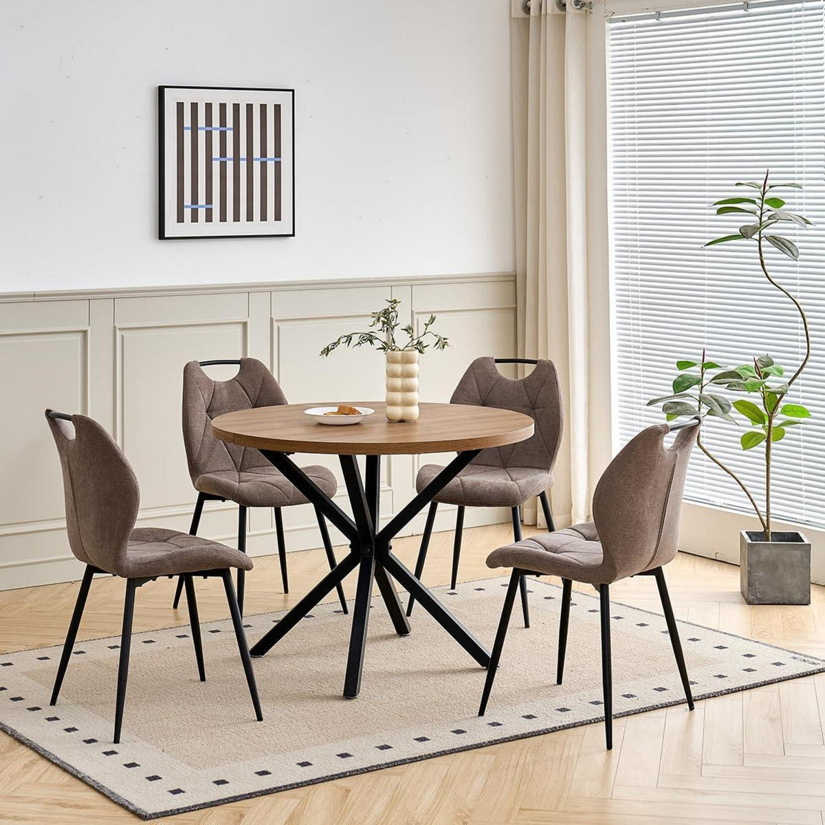Runder Esstisch Set mit 4 Polsterstühlen im Nordic Stil