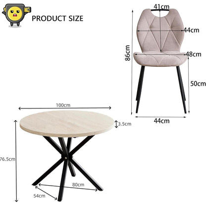 Runder Esstisch Set mit 4 Polsterstühlen im Nordic Stil (Gelb/Beige)