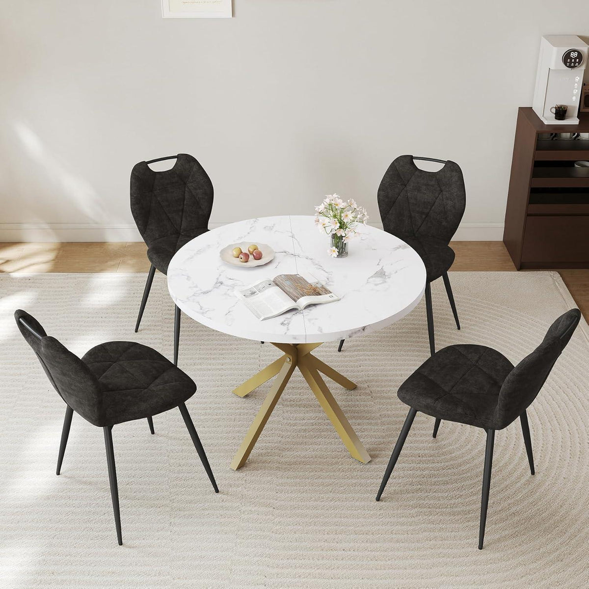 Runder Esstisch Set mit 4 Polsterstühlen im Nordic Stil