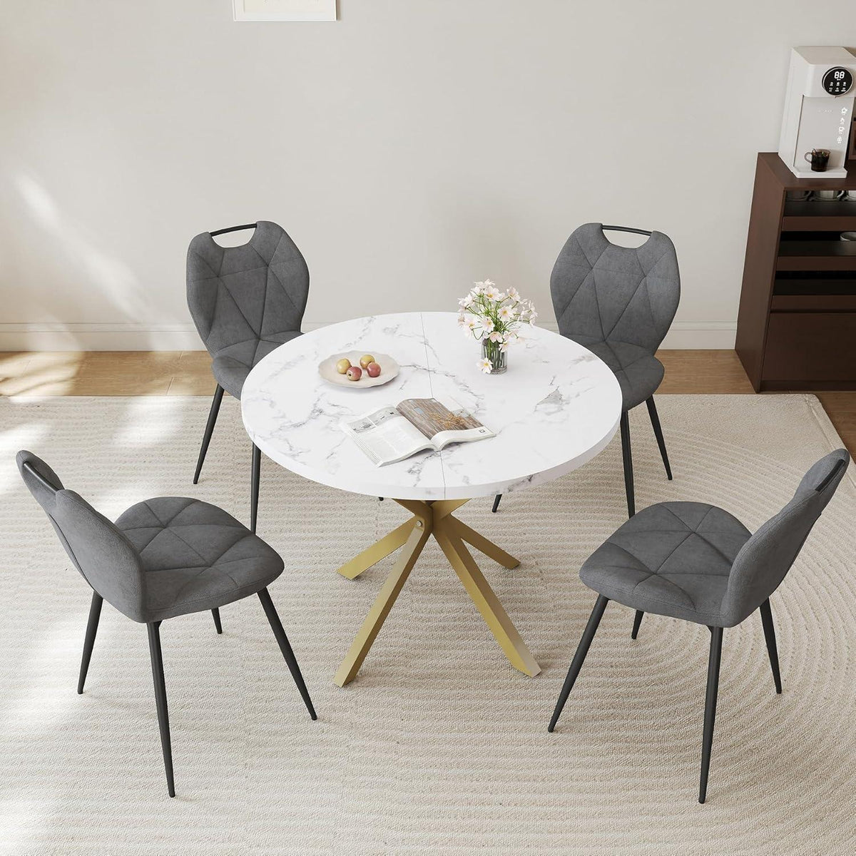 Runder Esstisch Set mit 4 Polsterstühlen im Nordic Stil
