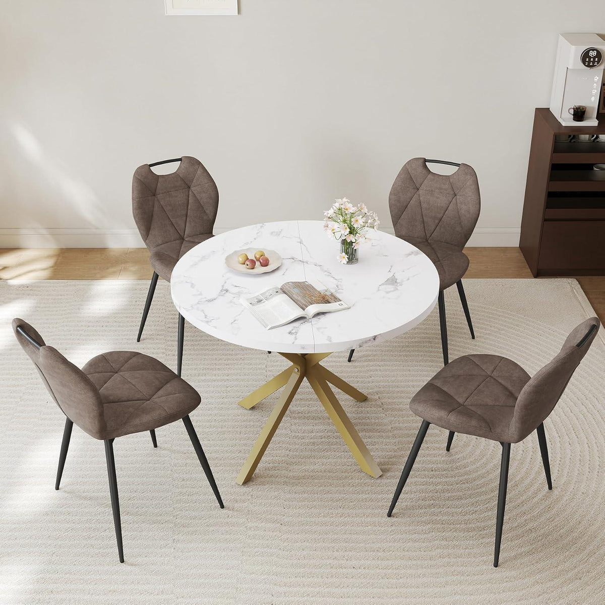 Runder Esstisch Set mit 4 Polsterstühlen im Nordic Stil
