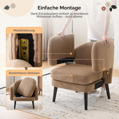 Gepolsterter Cord Loungesessel Khaki – Modern & Bequem