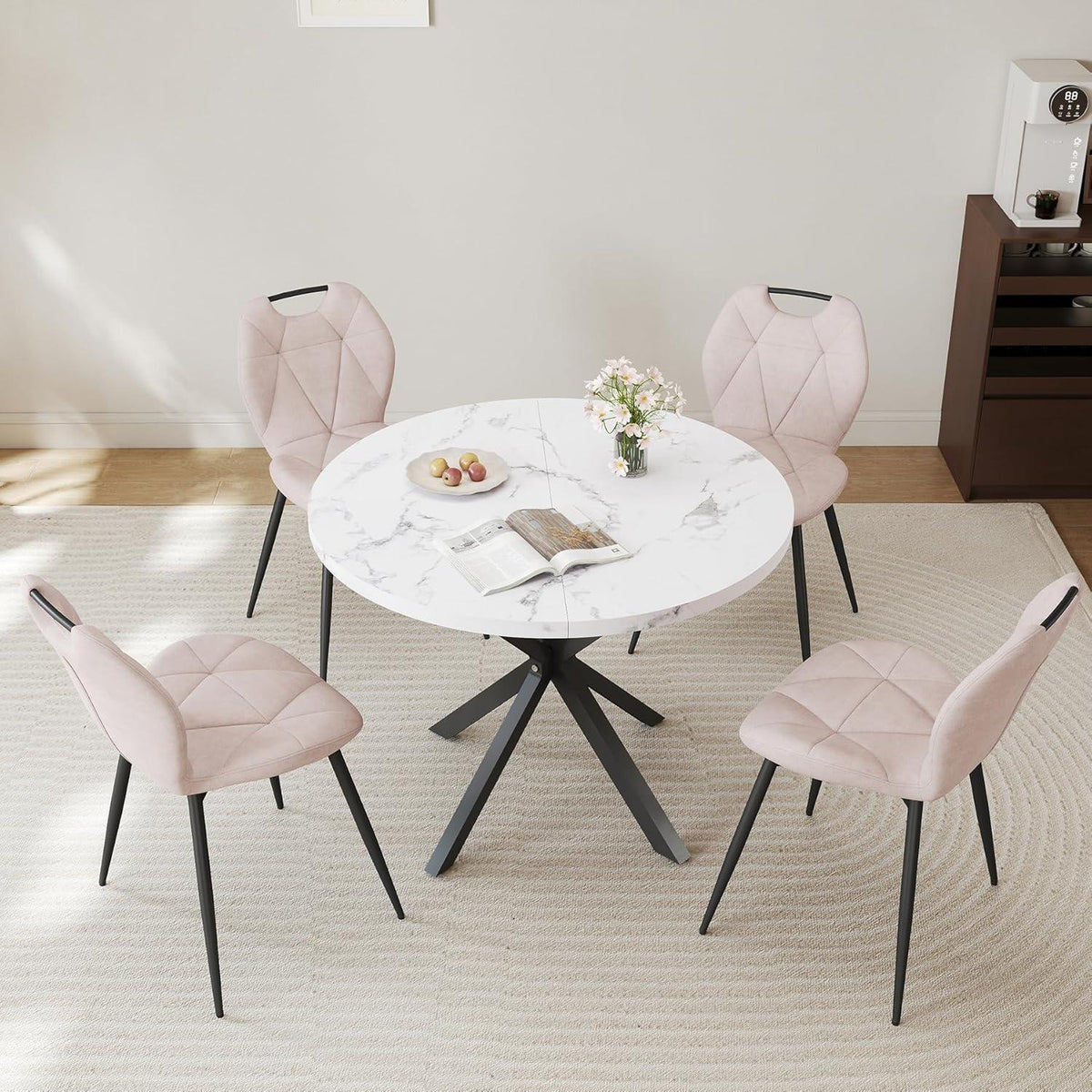 Runder Esstisch Set mit 4 Polsterstühlen im Nordic Stil
