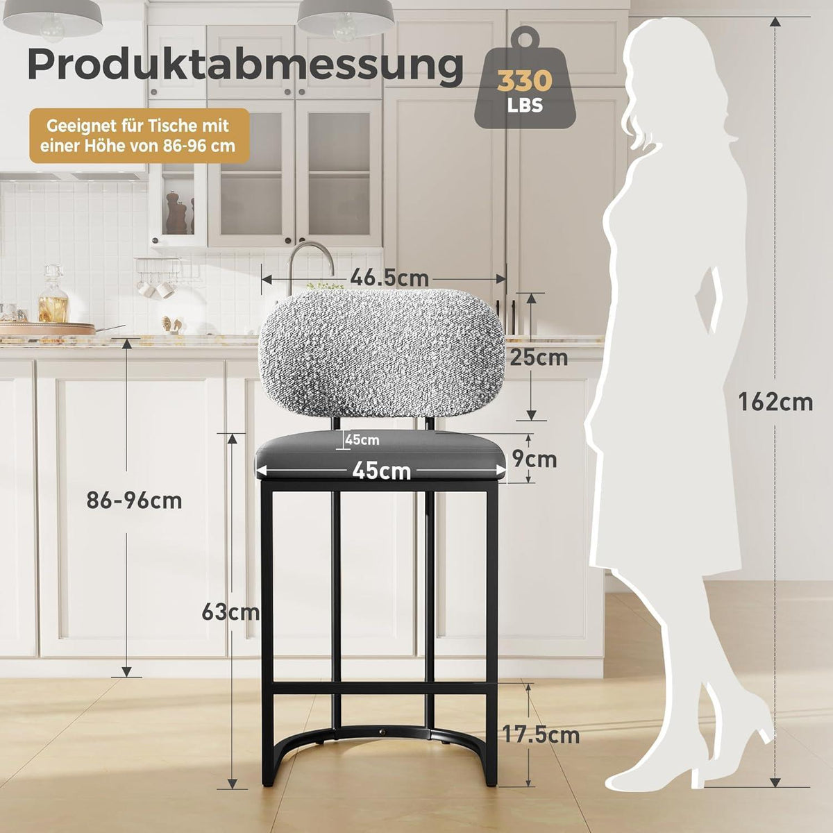 Barhocker Set 2er mit Lehne & Fußstütze – Grau