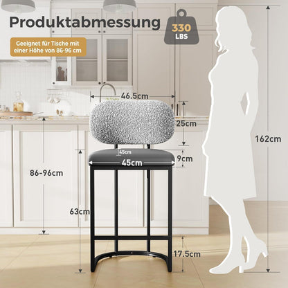 Barhocker Set 2er mit Lehne & Fußstütze – Grau