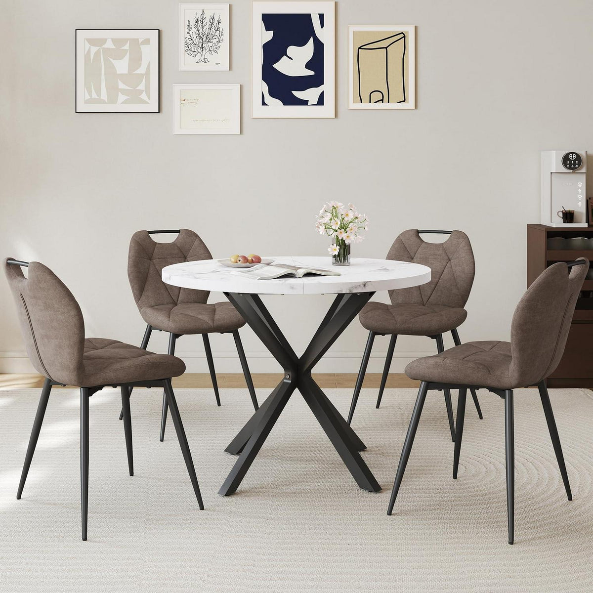 Runder Esstisch Set mit 4 Polsterstühlen im Nordic Stil