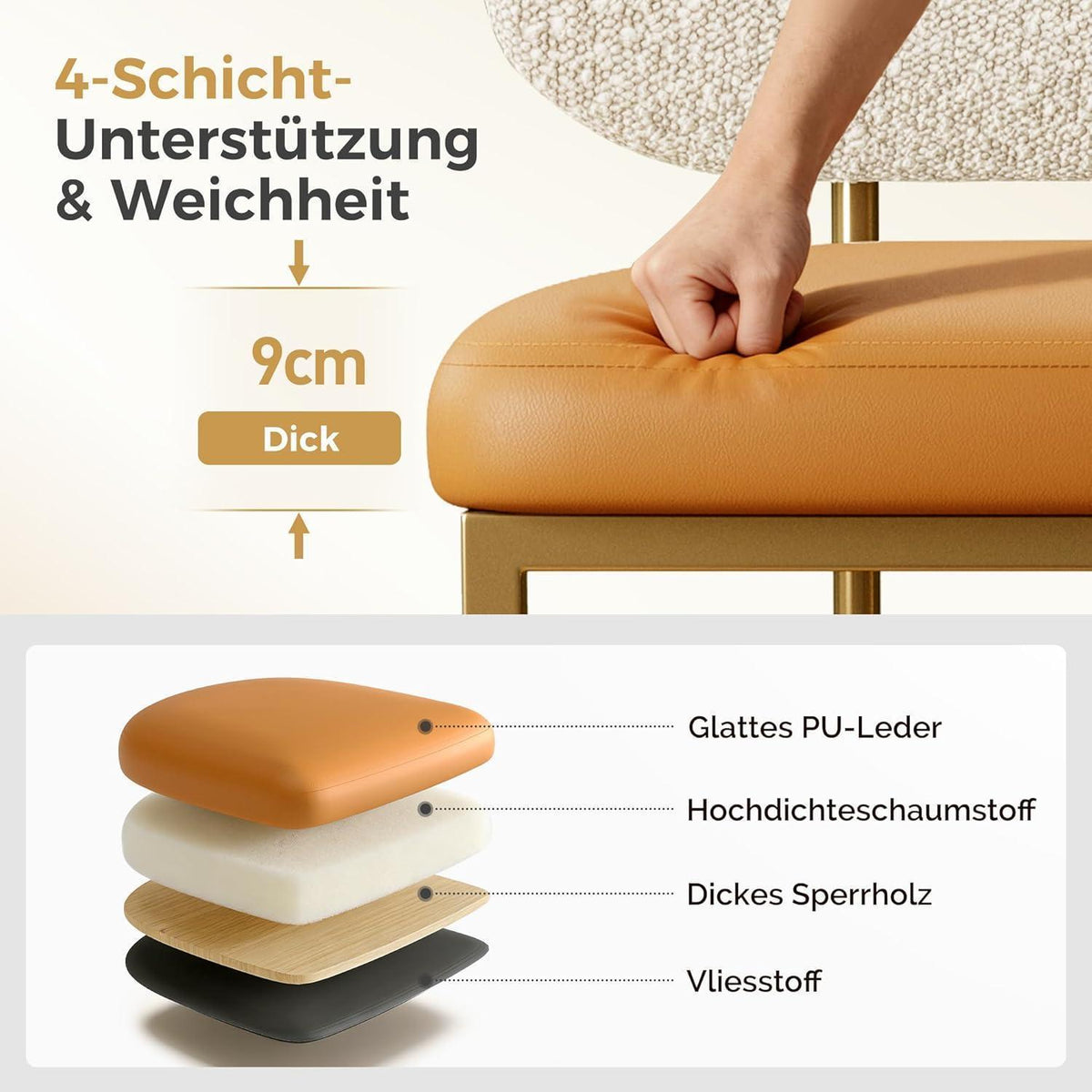 Barhocker mit Lehne & Fußstütze – Metallgestell, Kurkuma