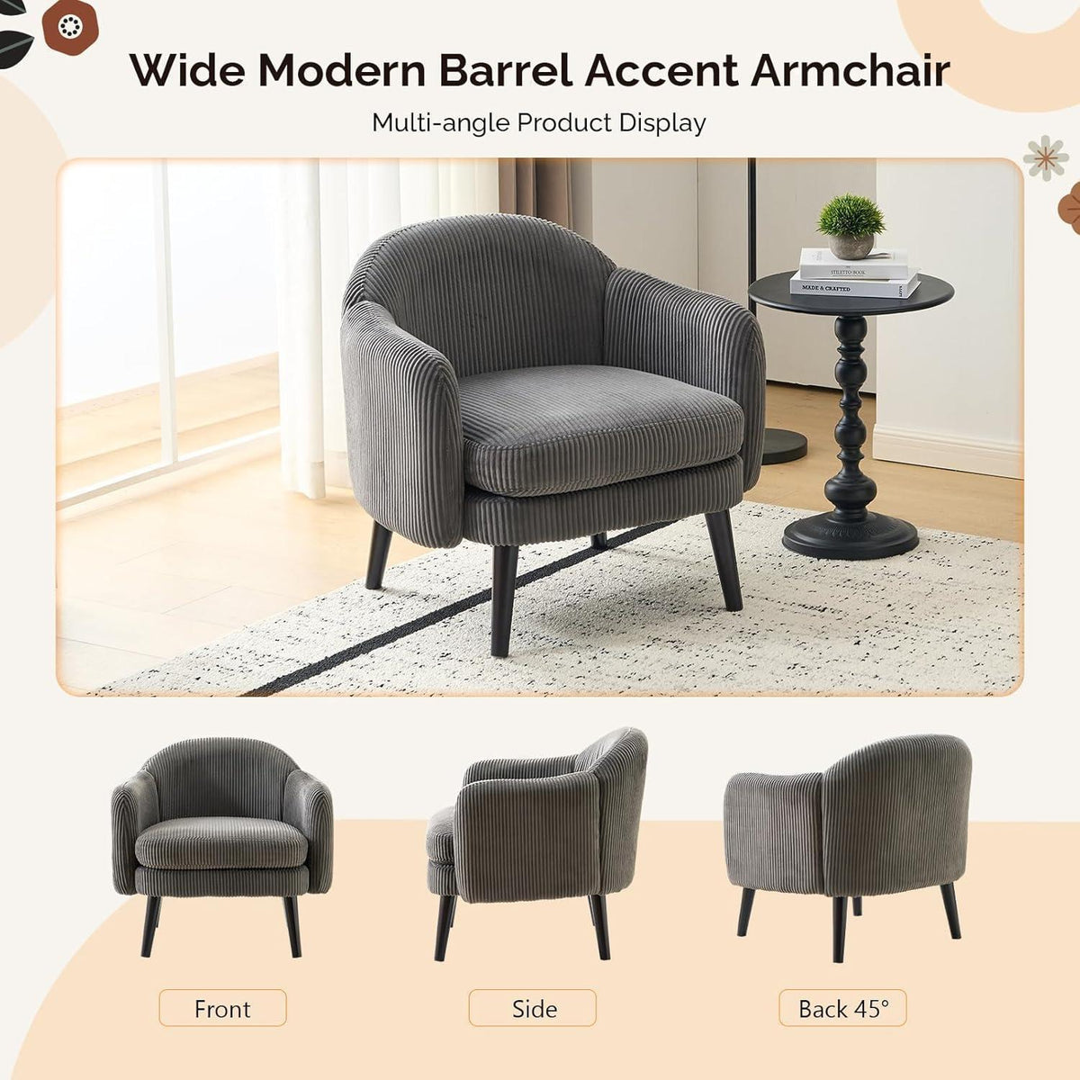 Gepolsterter Cord-Sessel Dunkelgrau – Modern & Bequem