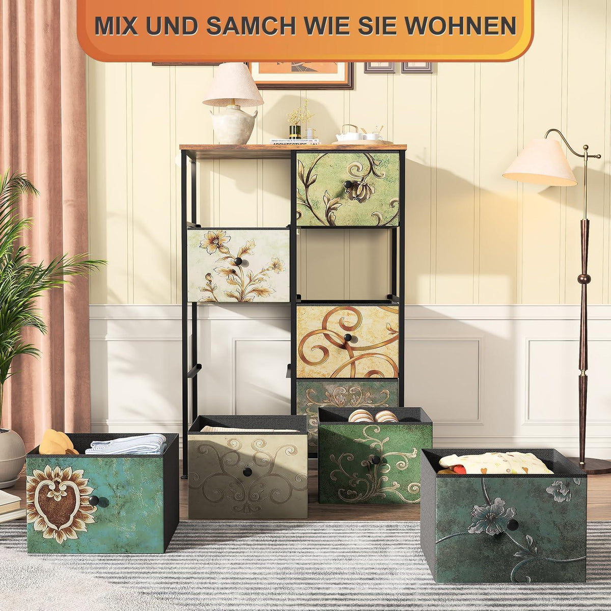 Boho Kommode mit 8 Stoffschubladen & Stahlrahmen