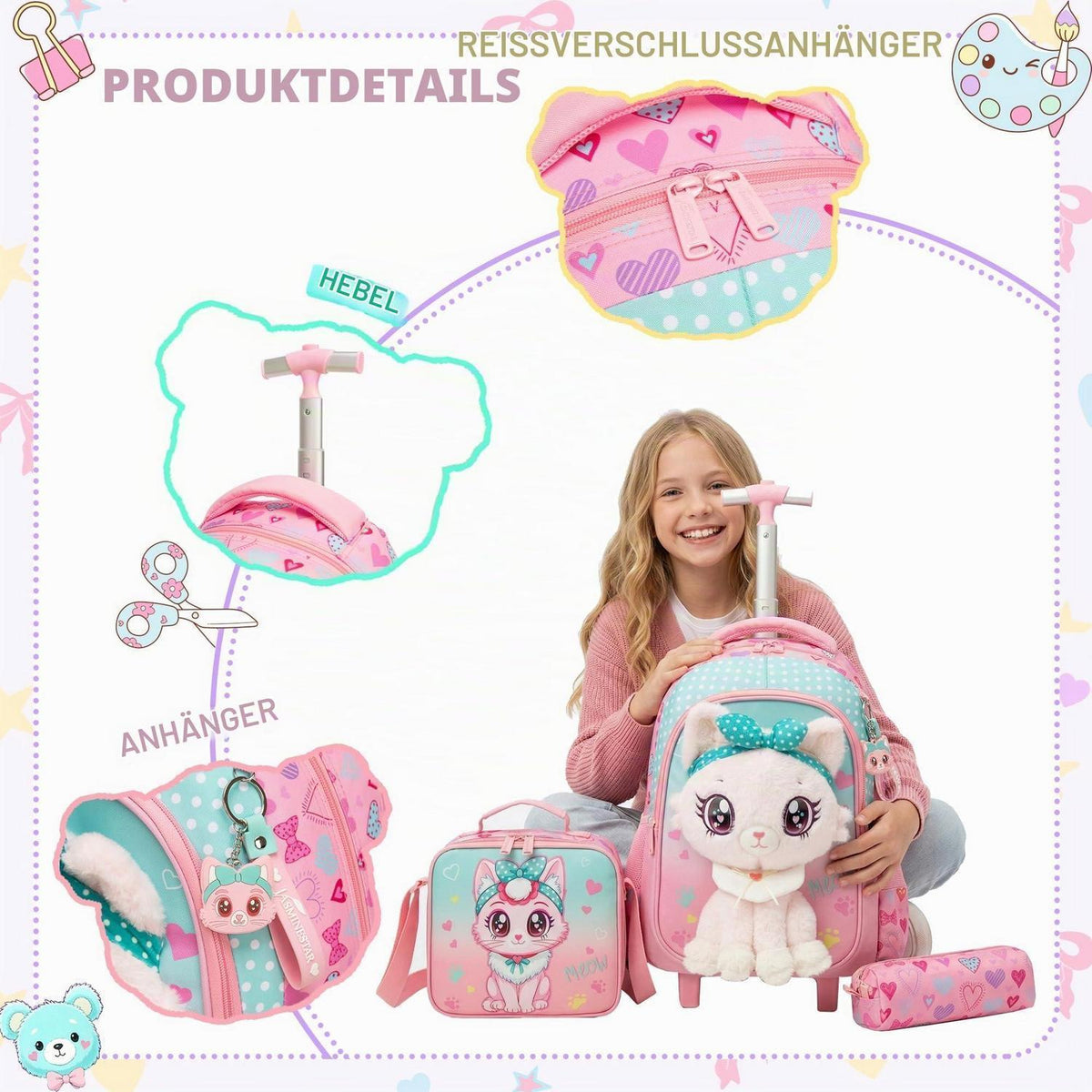 Schulrucksack Trolley Mädchen Katze – 3-teiliges Set für Grundschule