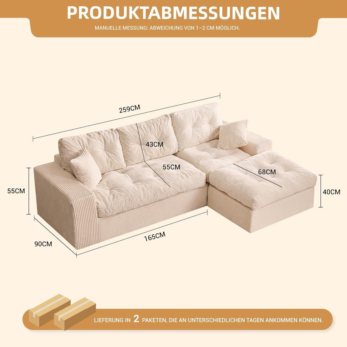 3-Sitzer Ecksofa Beige – Modulares Sofa mit Recamiere