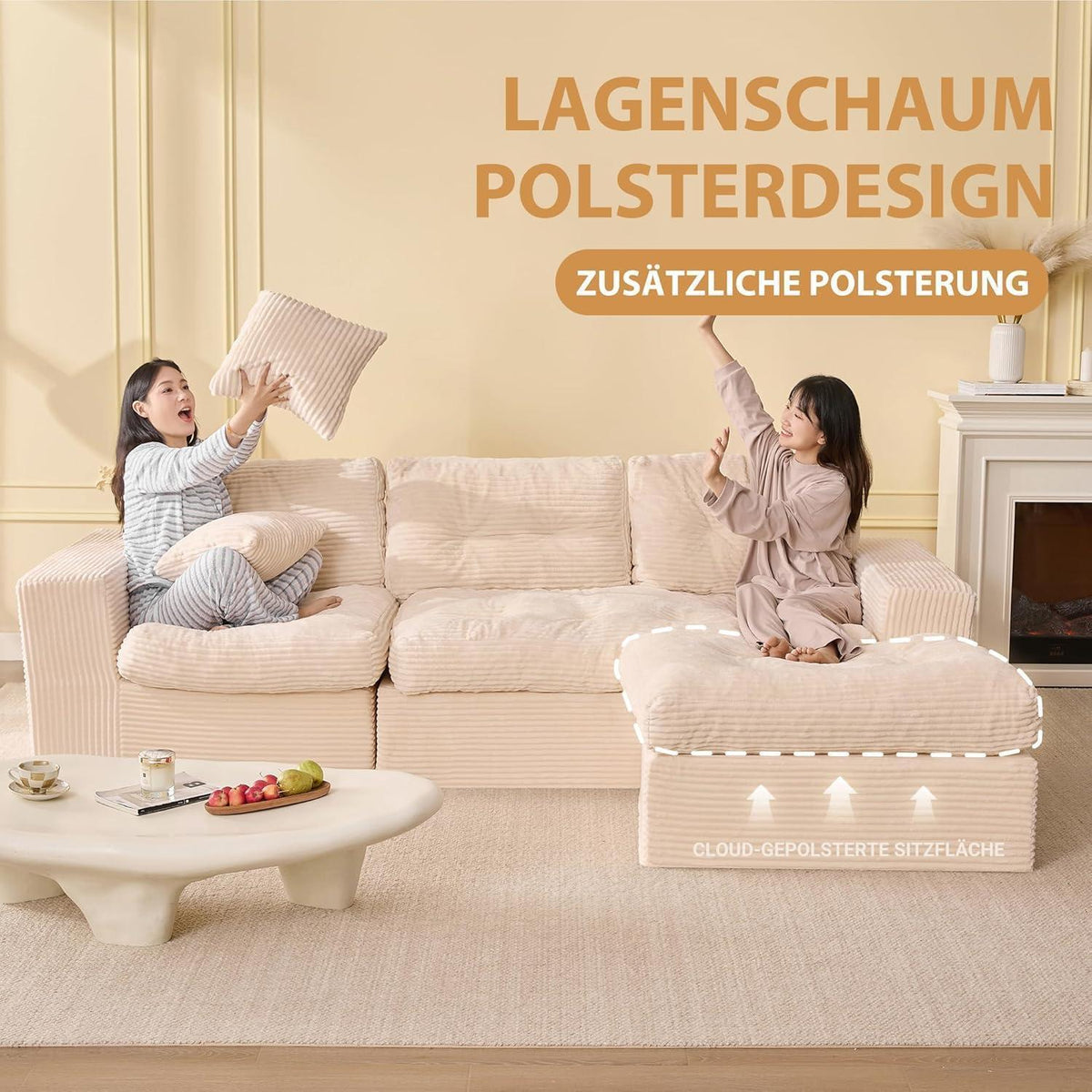 3-Sitzer Ecksofa Beige – Modulares Sofa mit Recamiere
