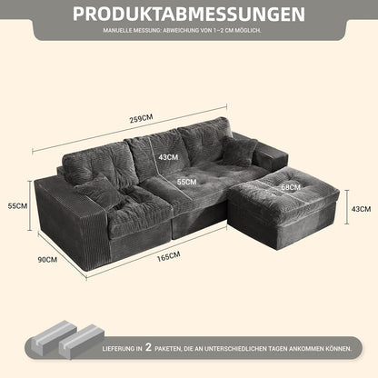 Graues Ecksofa 3-Sitzer – Modulares Sofa mit Recamiere & Cordstoff