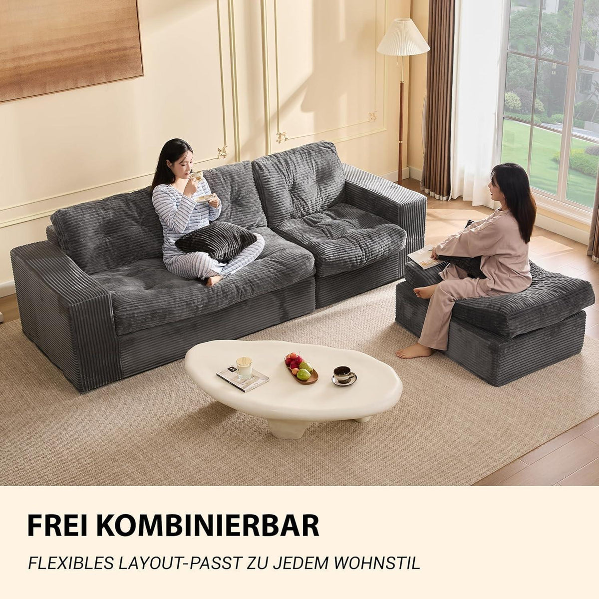 Graues Ecksofa 3-Sitzer – Modulares Sofa mit Recamiere & Cordstoff