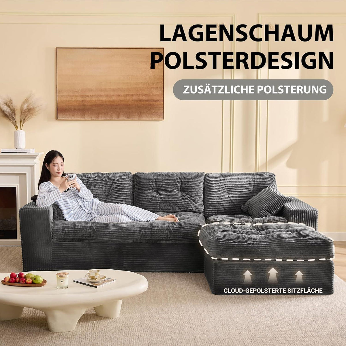Graues Ecksofa 3-Sitzer – Modulares Sofa mit Recamiere & Cordstoff