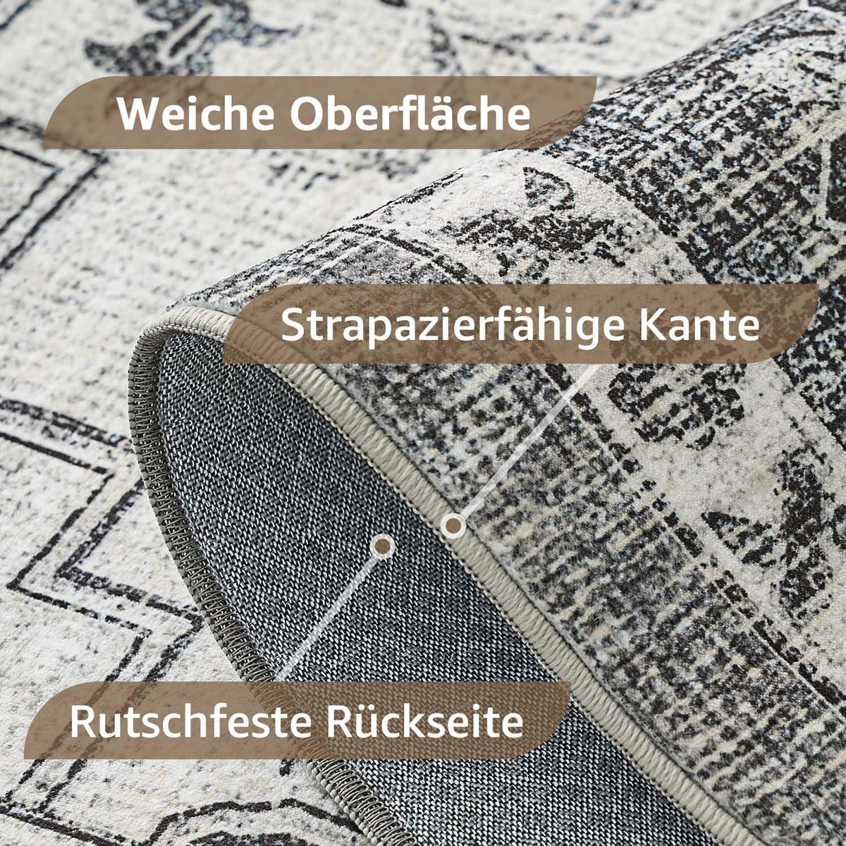 Vintage Rundteppich Grau 120cm – Waschbar & Faltbar