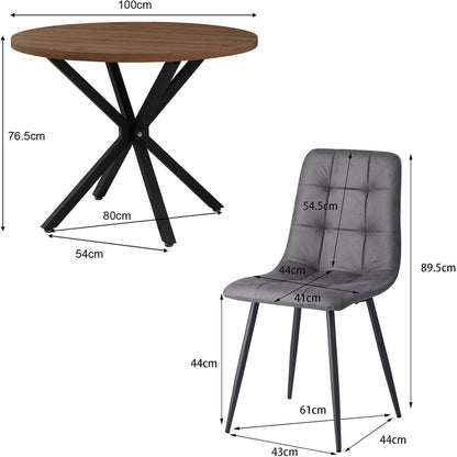 Moderner Esstisch Set 100cm + 4 Stühle Dunkelgrau/Holz