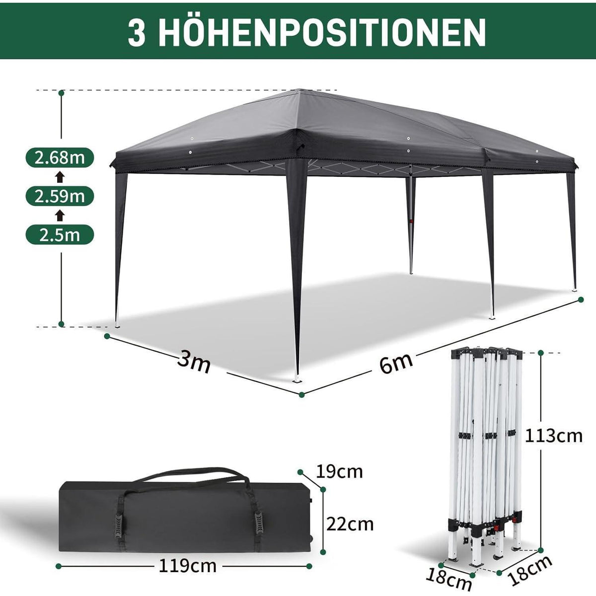 3x6m Faltpavillon mit 6 Seitenteilen – UV-Schutz & Höhenverstellbar