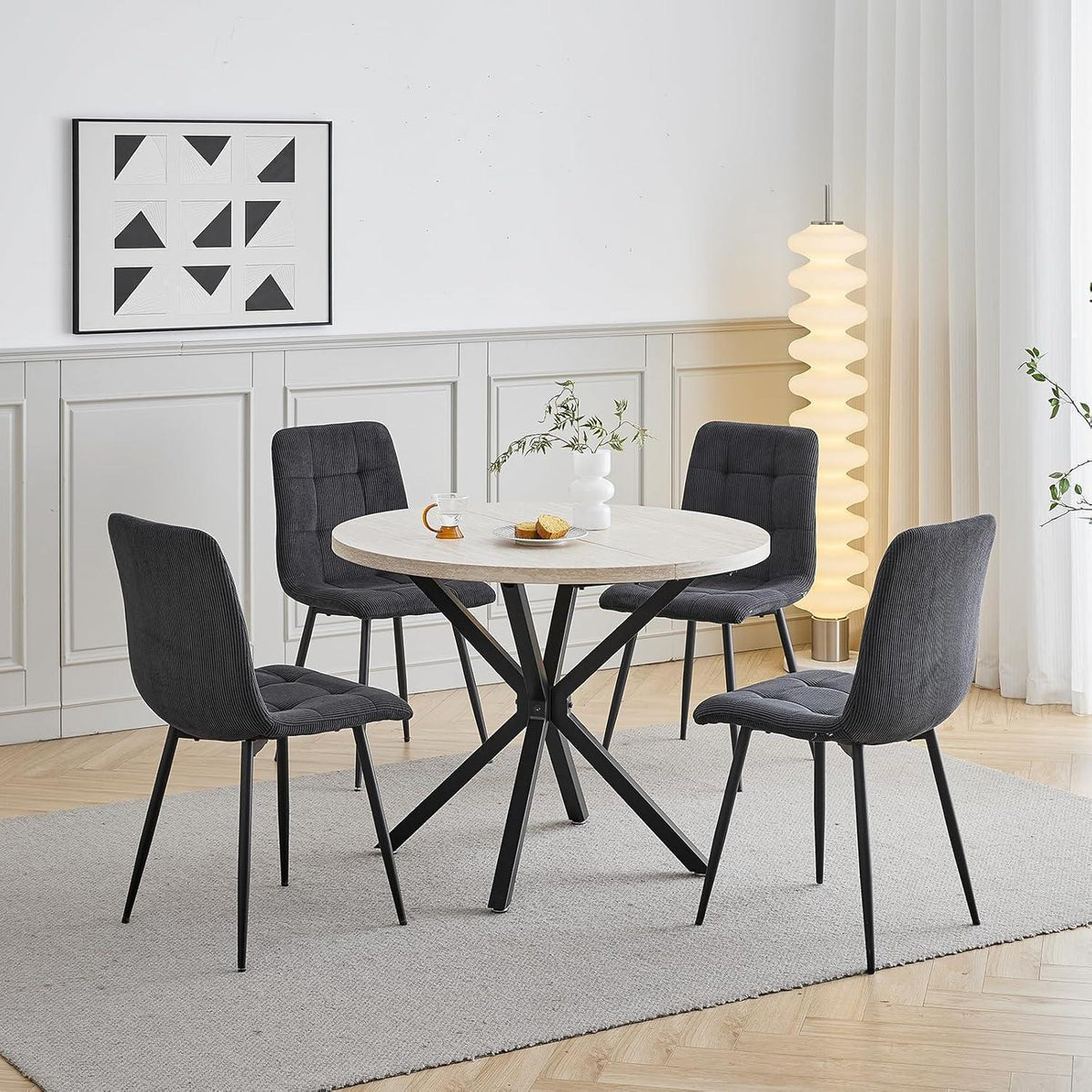 Runder Esstisch Set 100cm mit 4 Samtstühlen (Gelb/Schwarz)