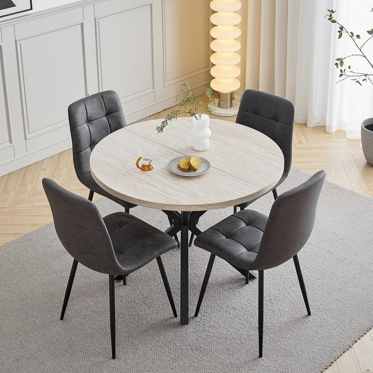Runder Esstisch Set 100cm mit 4 Sesseln in Lederoptik