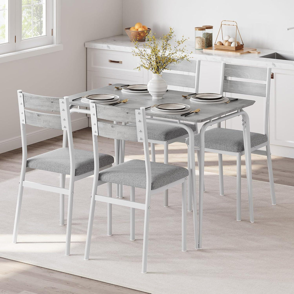 Esszimmer Set Grau-Weiß: Tisch + 4 gepolsterte Stühle