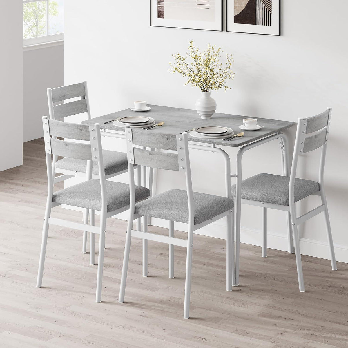 Esszimmer Set Grau-Weiß: Tisch + 4 gepolsterte Stühle