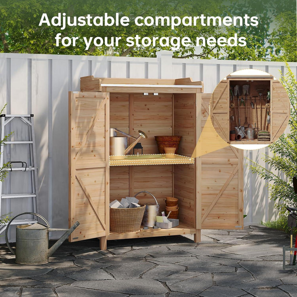 Holz Gartenschrank mit Tisch & Haken – 64x40x95 cm