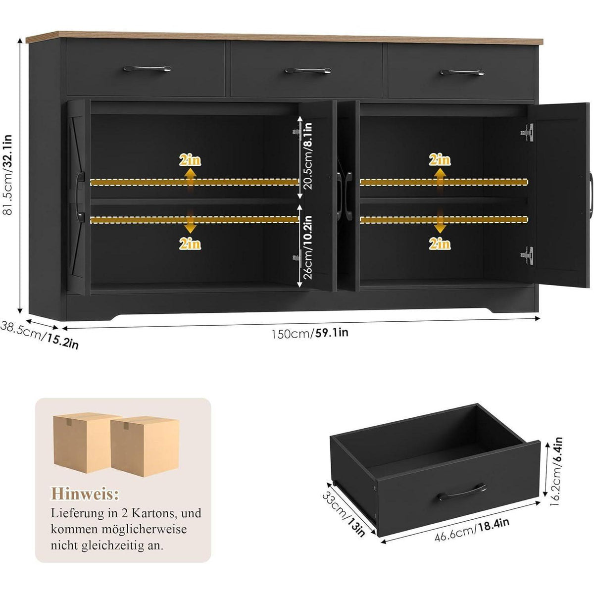 Sideboard 150cm Schwarz – Küchenschrank mit Arbeitsplatte & Schubladen