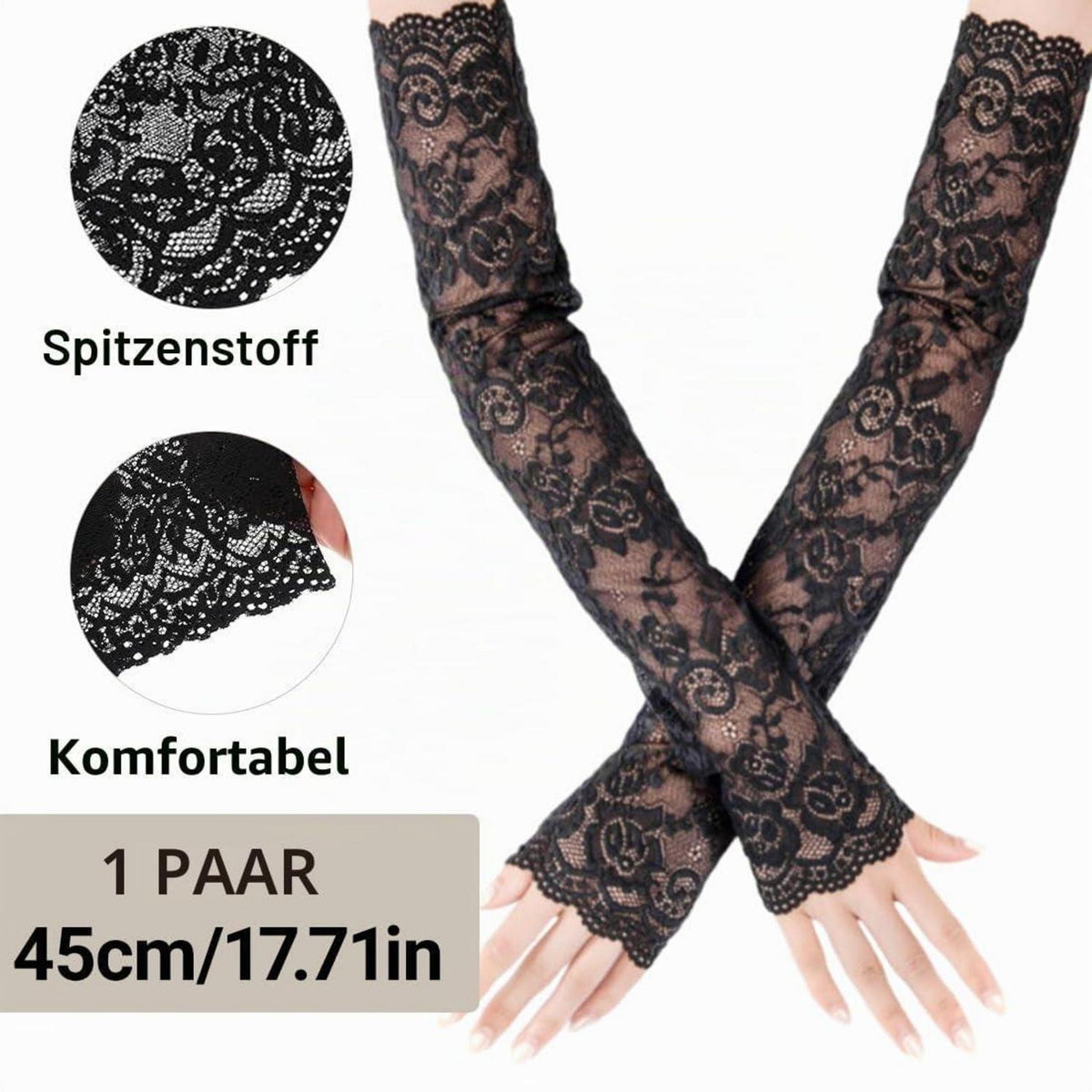 Lange Spitzenhandschuhe Damen Schwarz Fingerlos