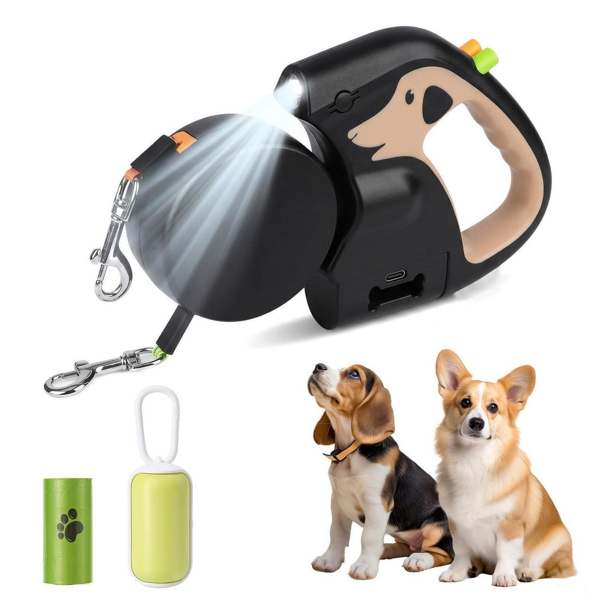 2er Hundeleine ausziehbar mit Kotbeutelhalter & LED