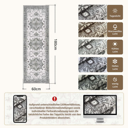 Vintage Küchenläufer Grau 60x180 cm – Waschbar & Rutschfest