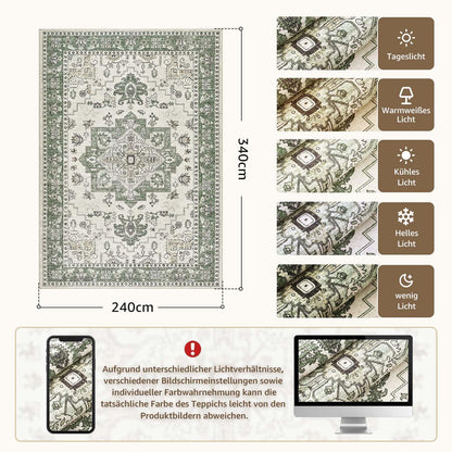 Vintage Kurzflor Teppich Grün 240x340 cm – Waschbar & Faltbar