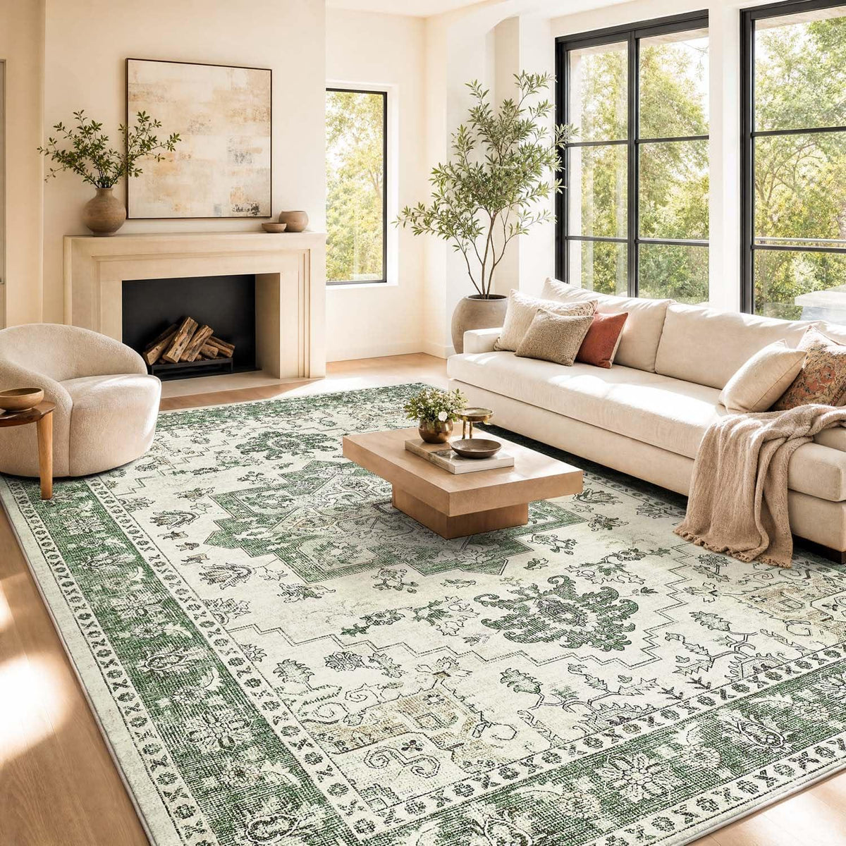 Vintage Kurzflor Teppich Grün 240x340 cm – Waschbar & Faltbar