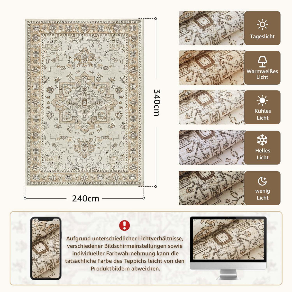 Vintage Kurzflor Teppich 240x340 cm Beige – Waschbar & Faltbar
