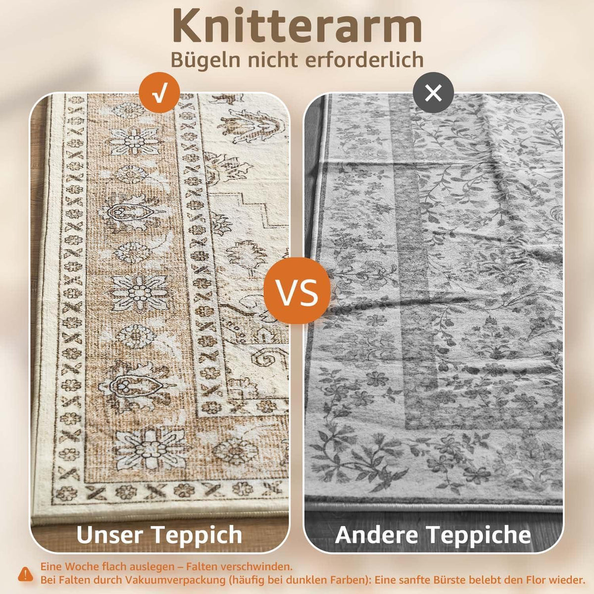 Vintage Kurzflor Teppich 240x340 cm Beige – Waschbar & Faltbar