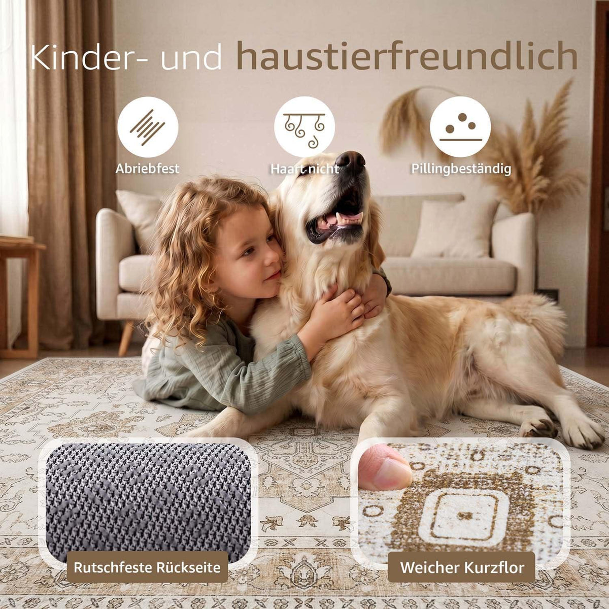 Vintage Kurzflor Teppich 240x340 cm Beige – Waschbar & Faltbar