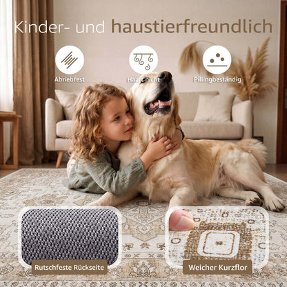 Vintage Kurzflor Teppich 240x340 cm Beige – Waschbar & Faltbar