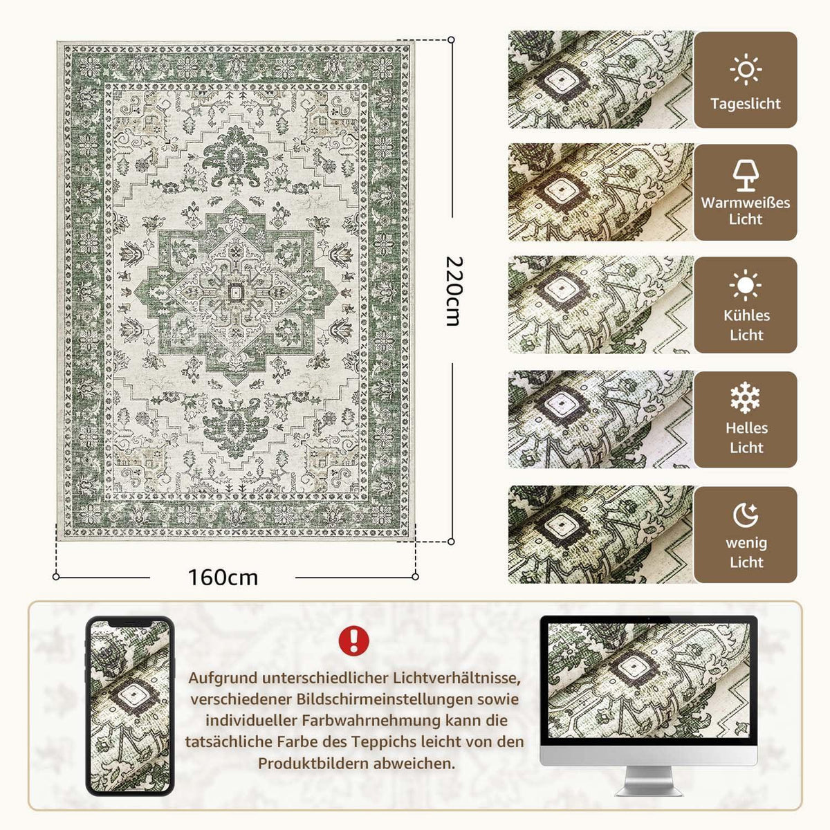 Vintage Kurzflor Teppich Grün 160x220 cm – Waschbar & Faltbar