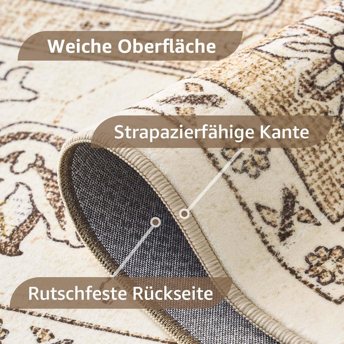 Vintage Kurzflor Teppich 160x220 Beige – Waschbar & Faltbar