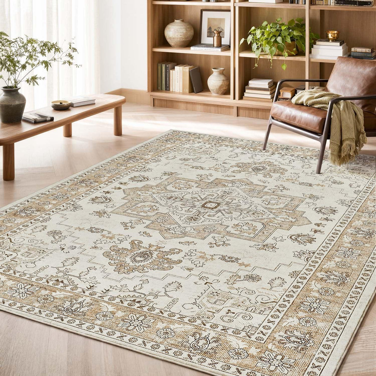 Vintage Kurzflor Teppich 160x220 Beige – Waschbar & Faltbar