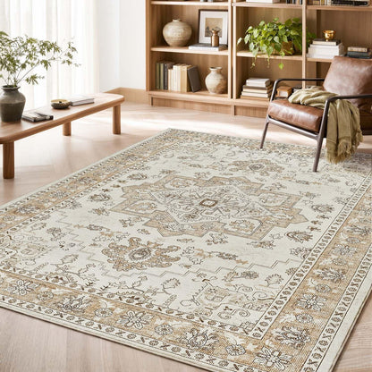 Vintage Kurzflor Teppich 160x220 Beige – Waschbar & Faltbar