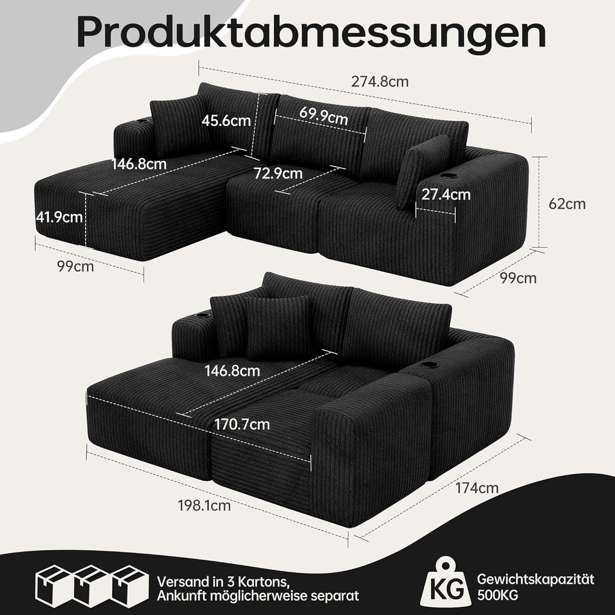 L-förmiges Ecksofa mit Chaiselongue & Memory-Schaum