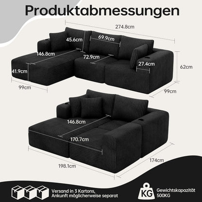 L-förmiges Ecksofa mit Chaiselongue & Memory-Schaum