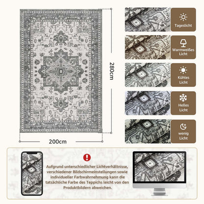 Vintage Kurzflor Teppich Grau 200x280 cm – Waschbar & Faltbar