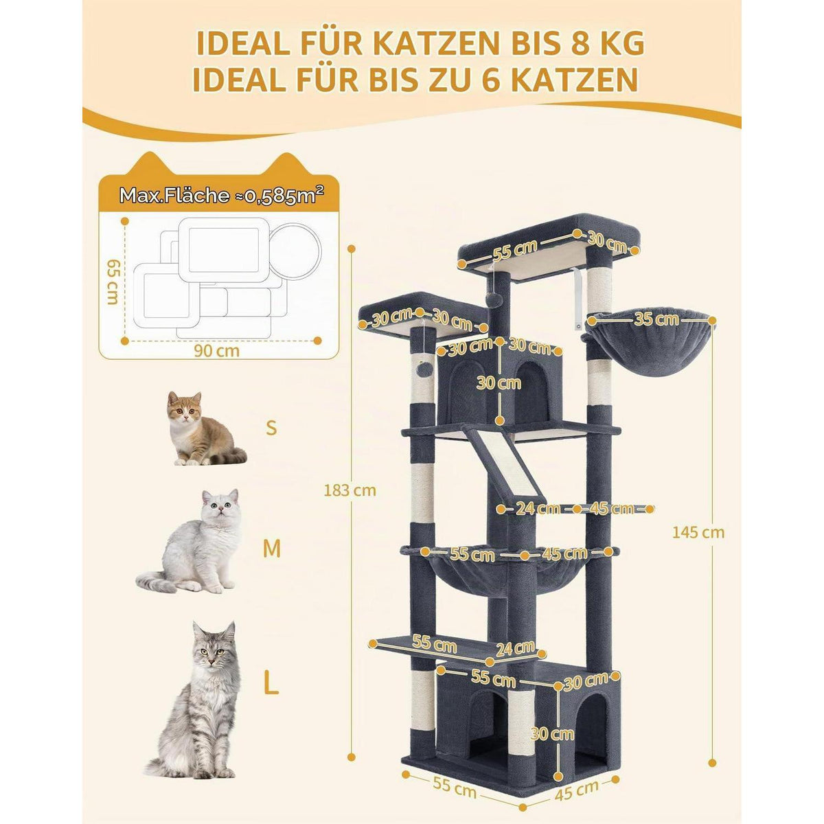 Großer Kratzbaum 183cm mit Korb & Hängematte für Katzen