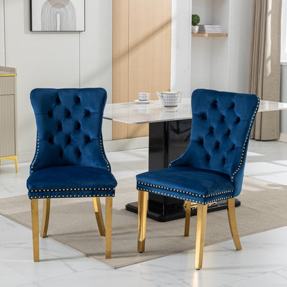 Esszimmerstuhl Set 2er – Samt, Blau & Gold, Hohe Rückenlehne