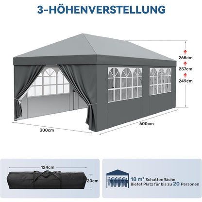 3x6m Faltpavillon wasserdicht mit Seitenwänden & UV-Schutz