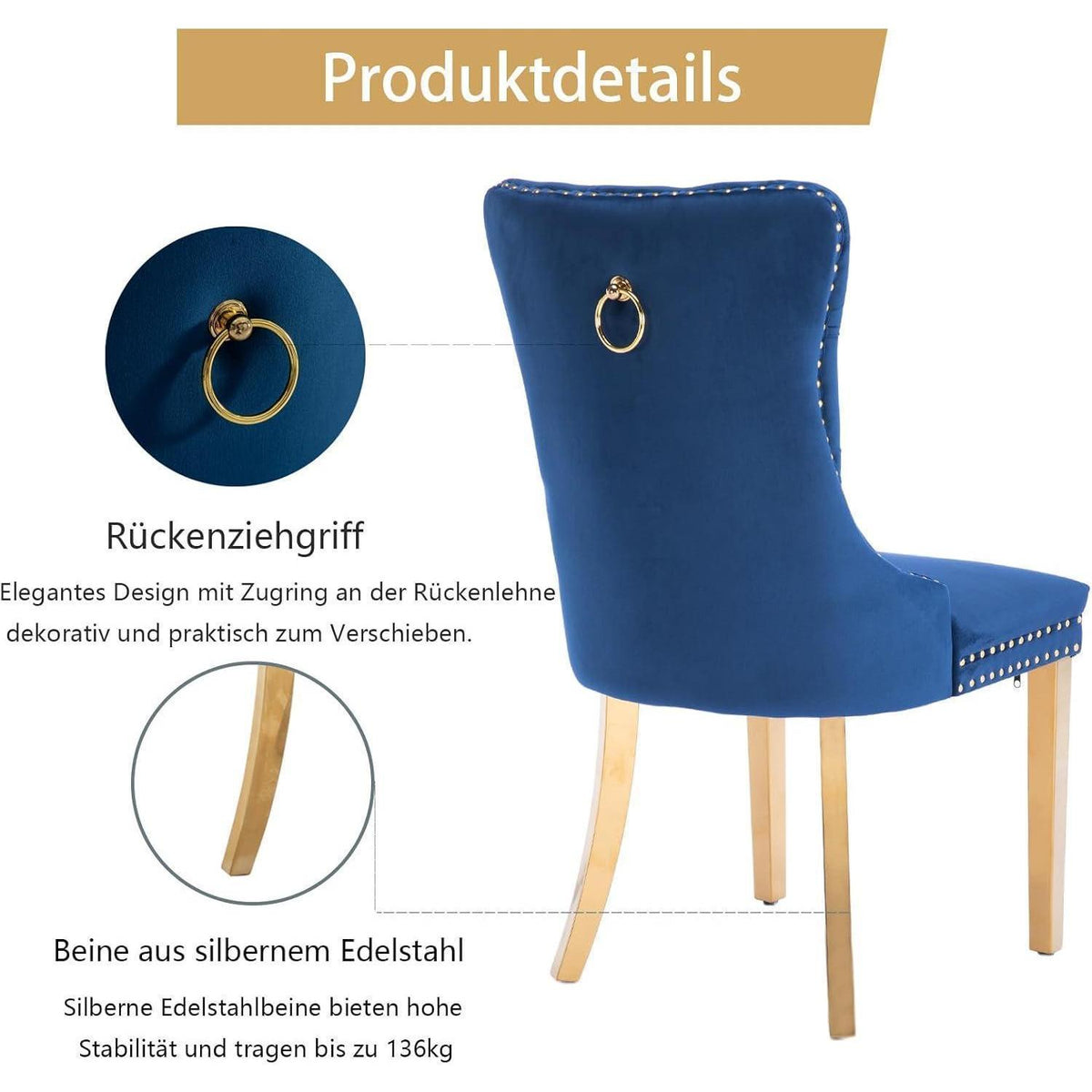 Samt Esszimmerstühle 6er Set mit goldenen Beinen
