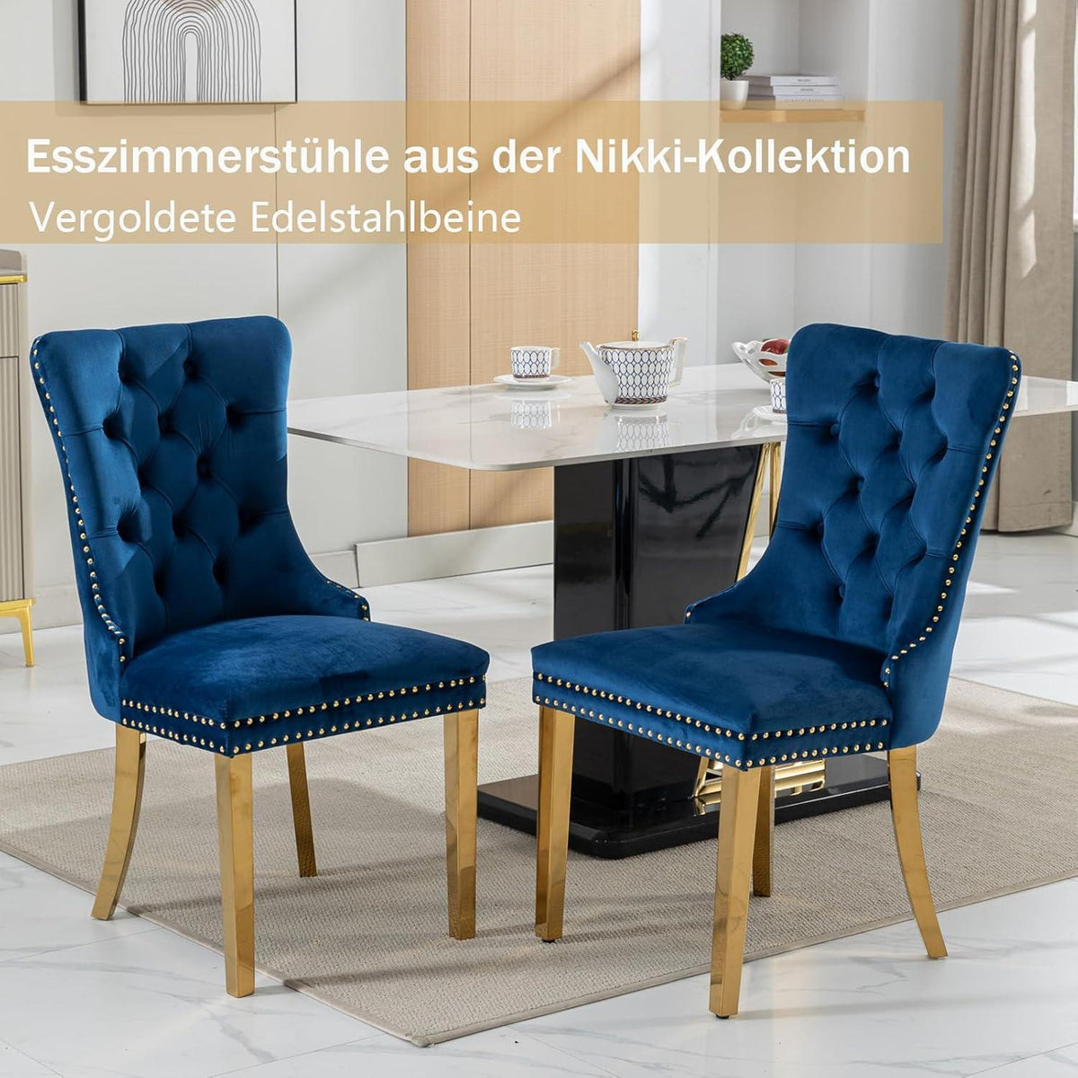 Samt Esszimmerstühle 6er Set mit goldenen Beinen